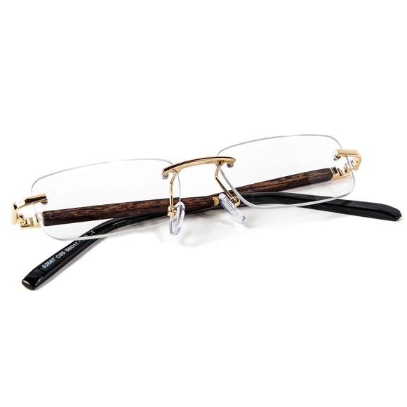 Rimless Gold Frame Hip Hop Wood Clear Lens Glasses - Picture 2 of 5